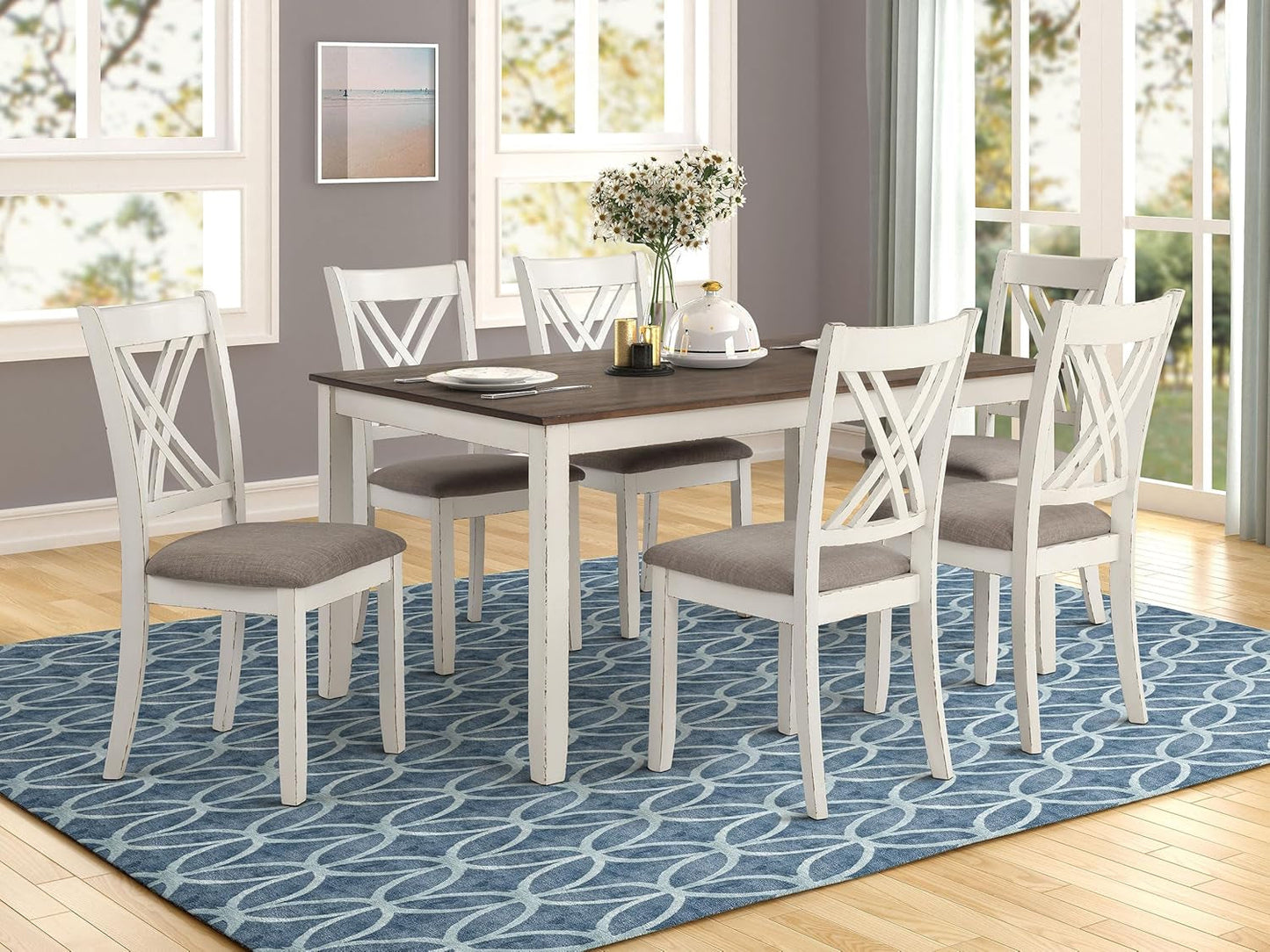 Seven Piece Rectangular Dining Table Set Two Tone Finish