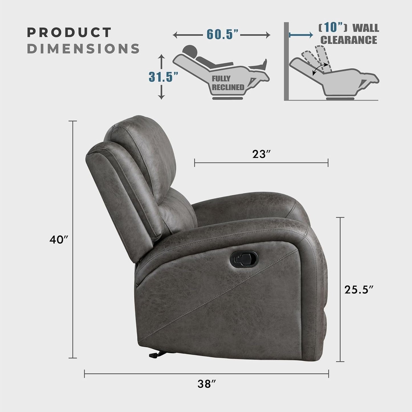 Grey Rocker Recliner Chair With Manual Recline Living Room