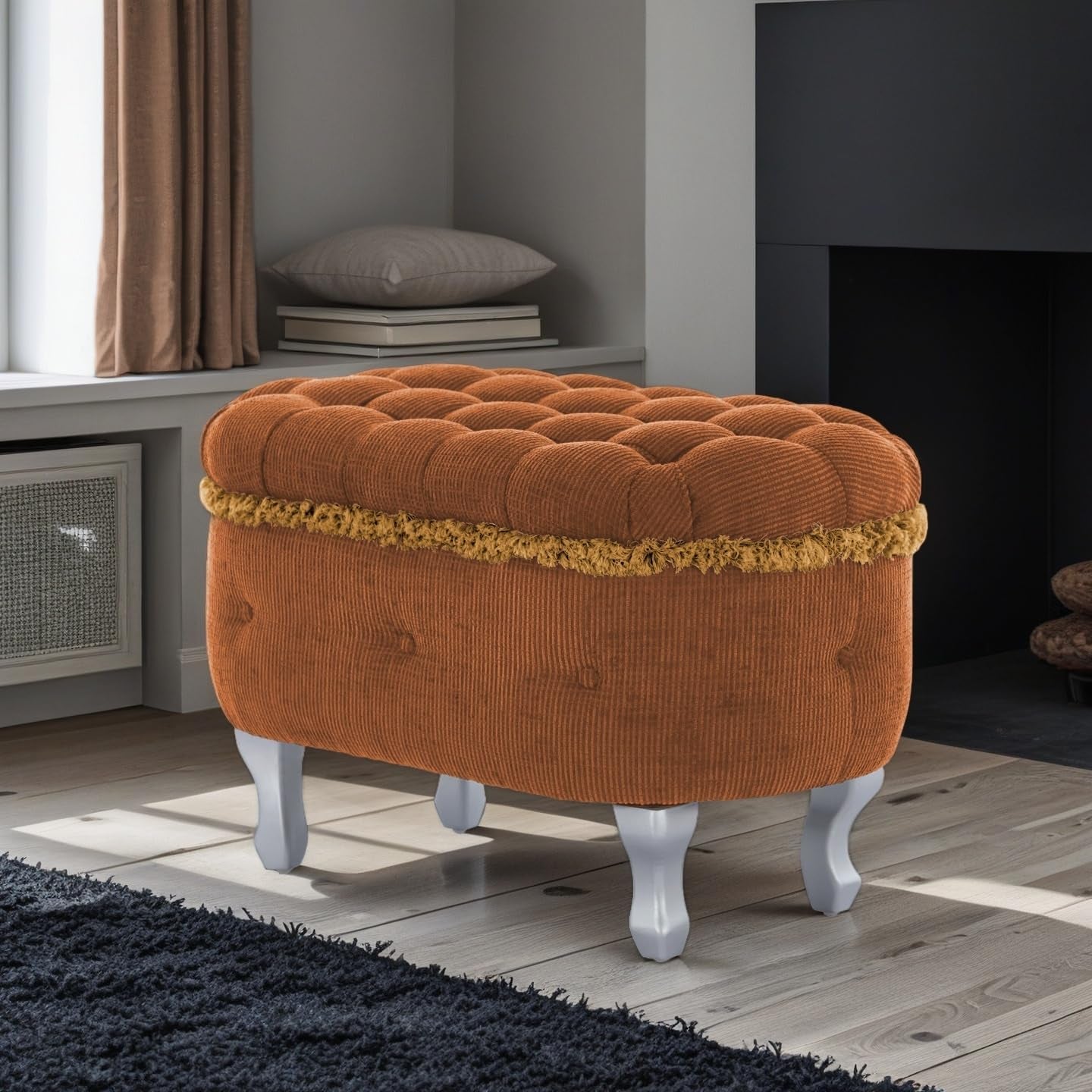 Orange Upholstered Storage Ottoman for Living Room