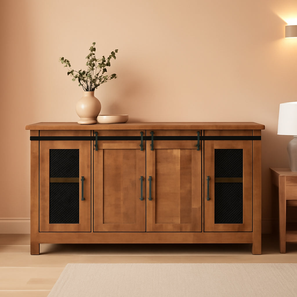 65 Inch Solid Wood TV Stand Honey Tobacco With Rustic Doors