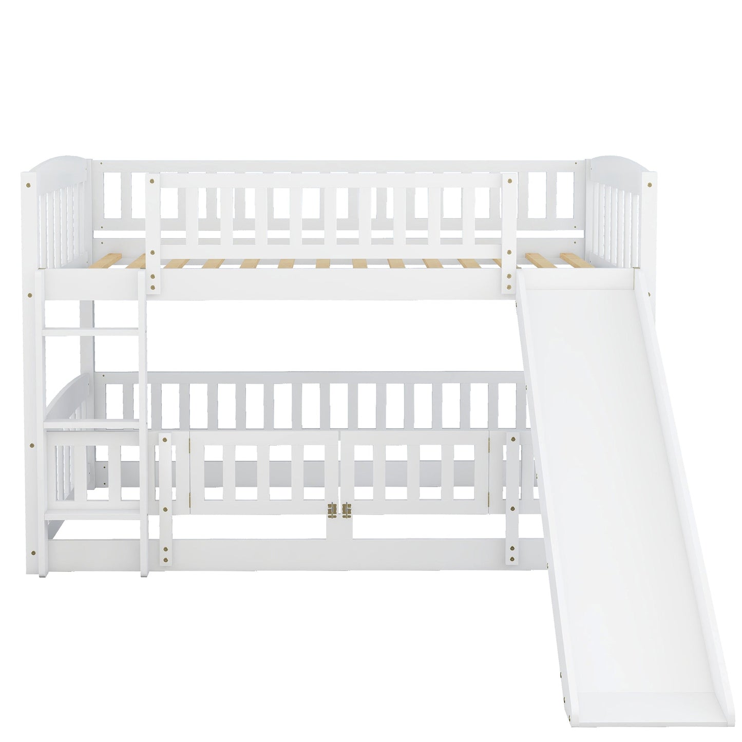 Bunk Bed with Slide,Twin Over Twin Low Bunk Bed with Fence and Ladder for  Kids Teens White