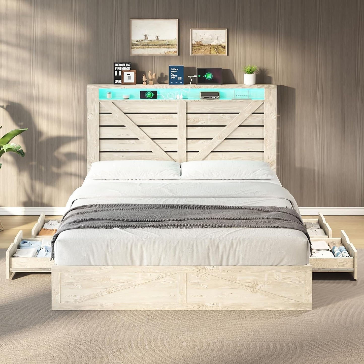 Queen Size Farmhouse Storage Bed With LED Lighting