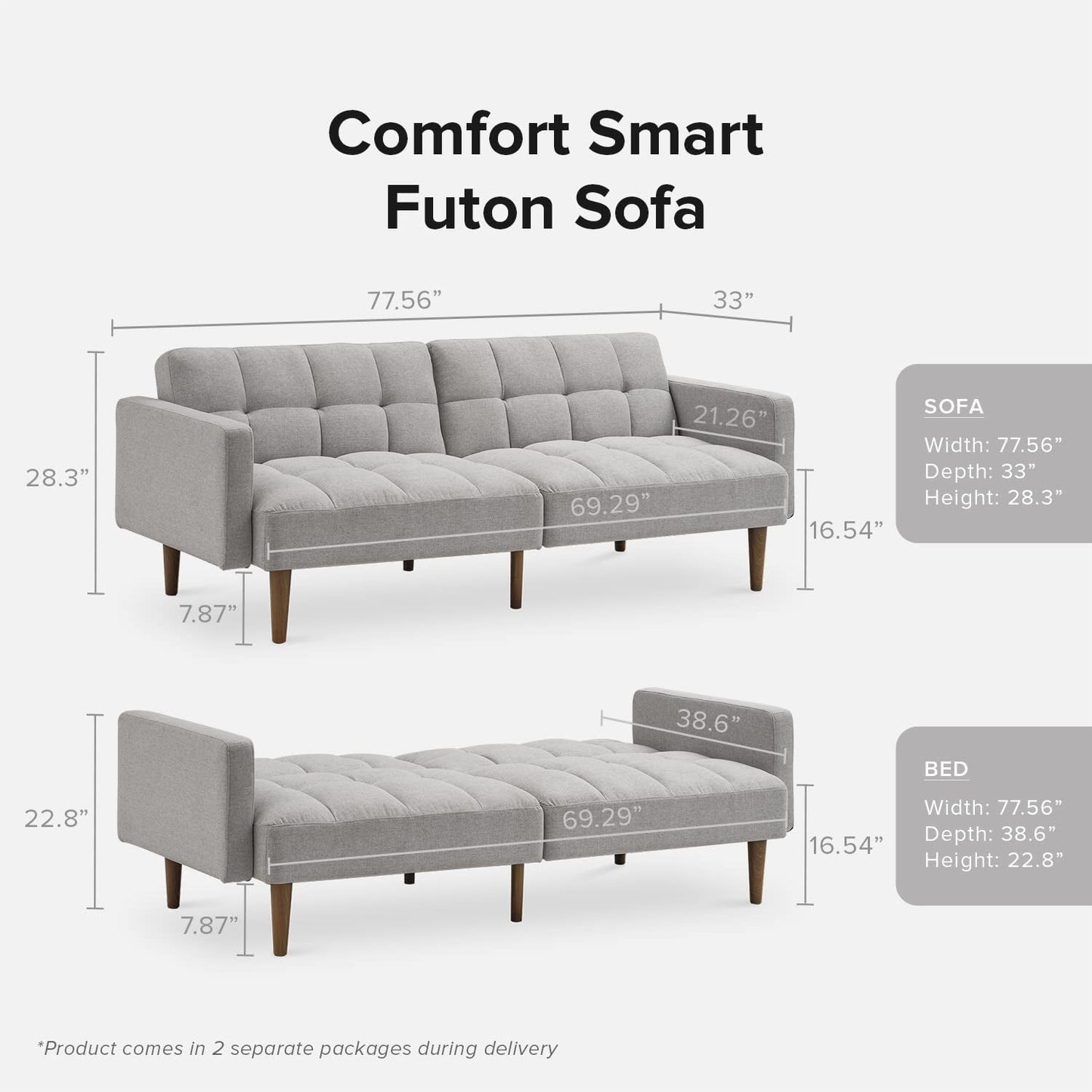 Gray Fabric Twin Futon Sofa Bed With Arms For Small Rooms