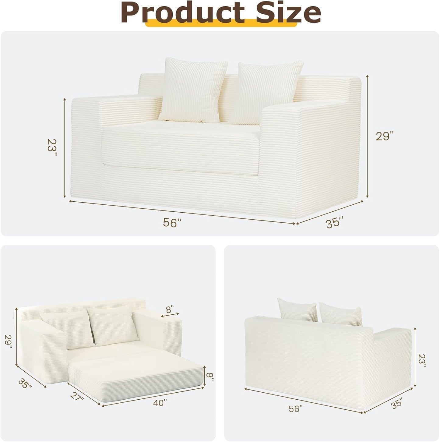 Corduroy Convertible Sofa Bed Three In One BeigeTone Sleeper