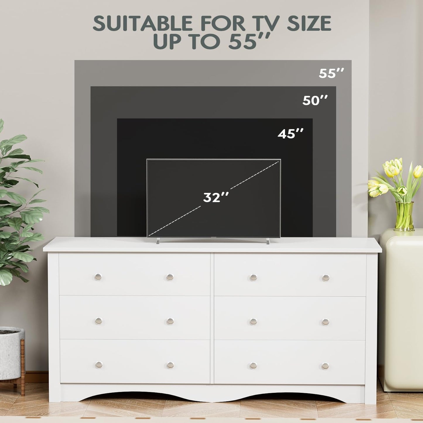 Dresser With 6 Drawers And TV Stand White Wood Storage
