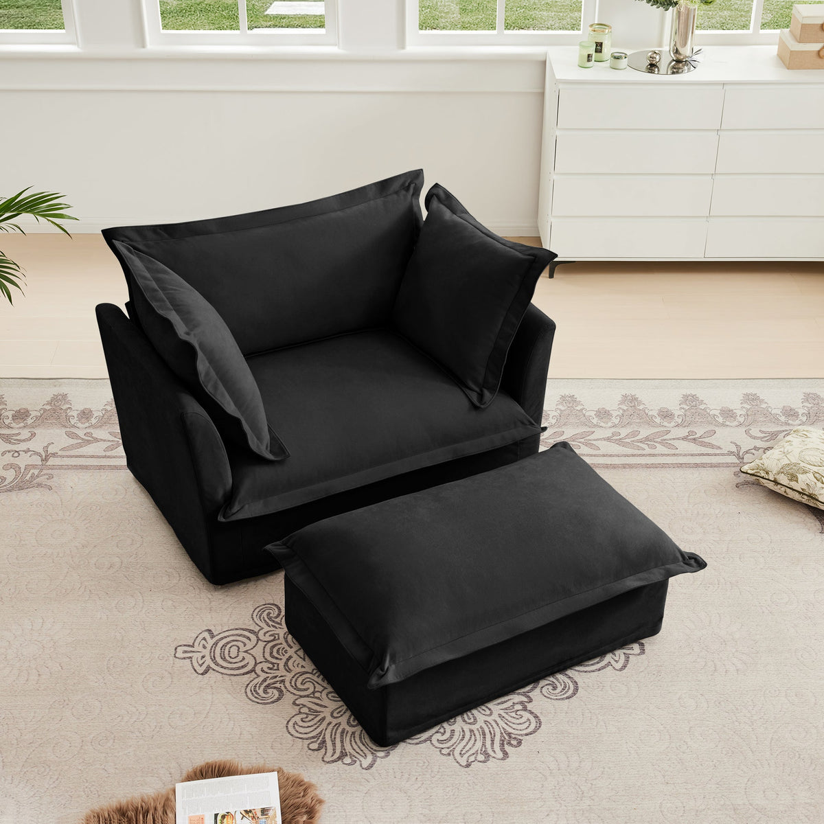 Upholstered Slipcovered Armchair with Ottoman - Set of 2