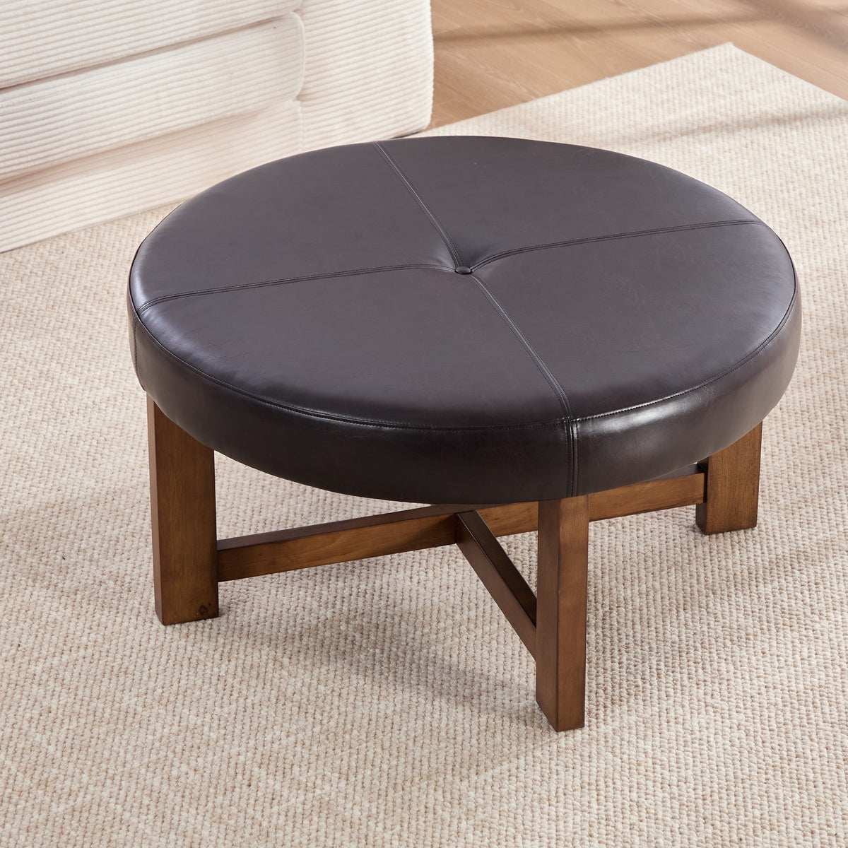 Round Leather Ottoman Coffee Table with Solid Wood Base
