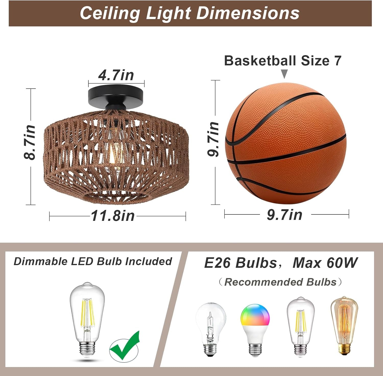 Ceiling Light Dimensions with Dark Brown Hand Woven Rattan Ceiling Light With Dimmable LED and Basketball Size 7 for scale
