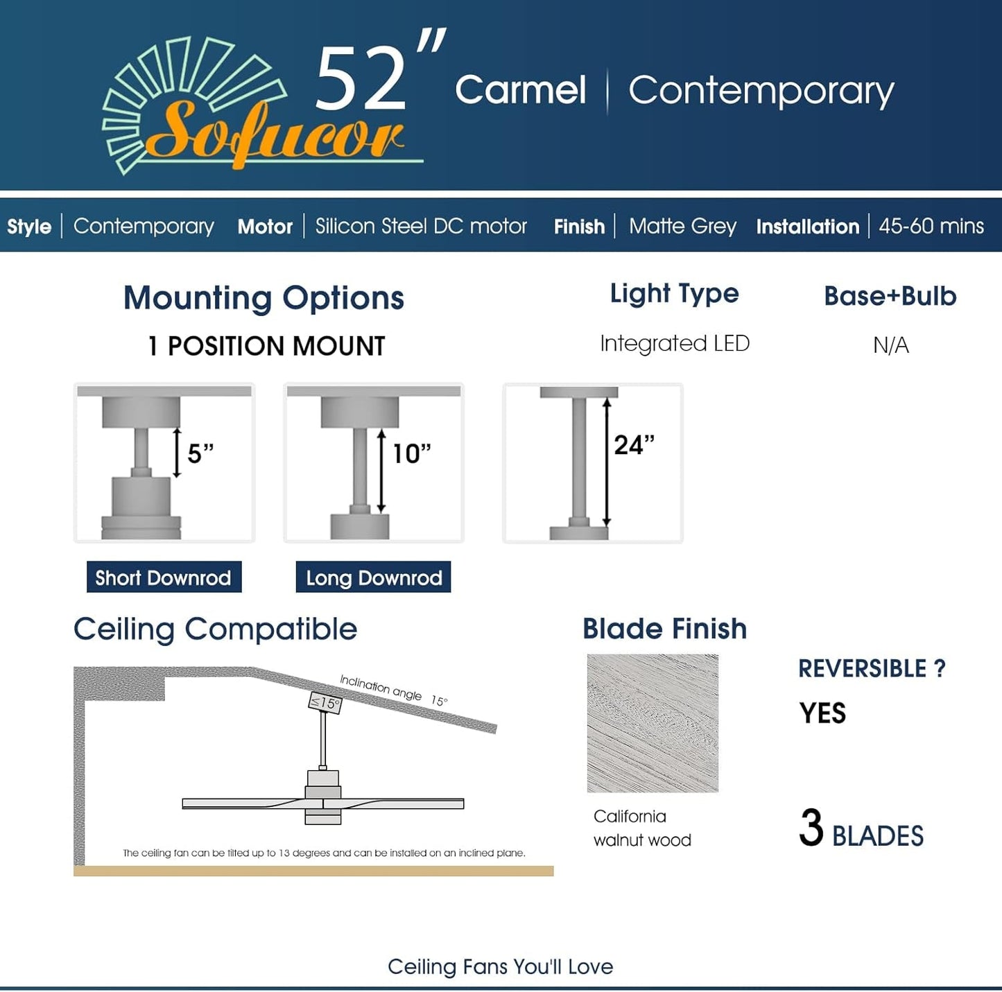 52 Inch Ceiling Fan With Lights Remote Quiet DC Motor specifications including mounting options, light type, blade finish, and installation details.