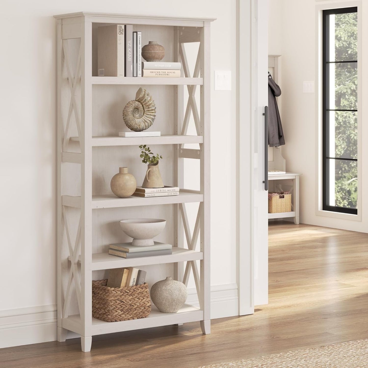 Tall 5 Shelf Bookcase Linen White Oak Modern Farmhouse