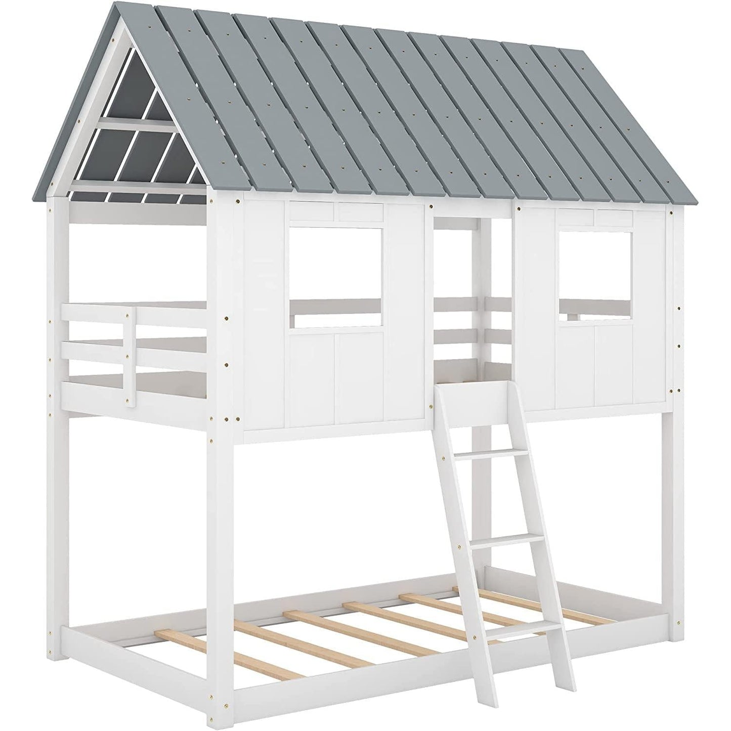 Twin House Bunk Bed With Playhouse White And Gray Finish
