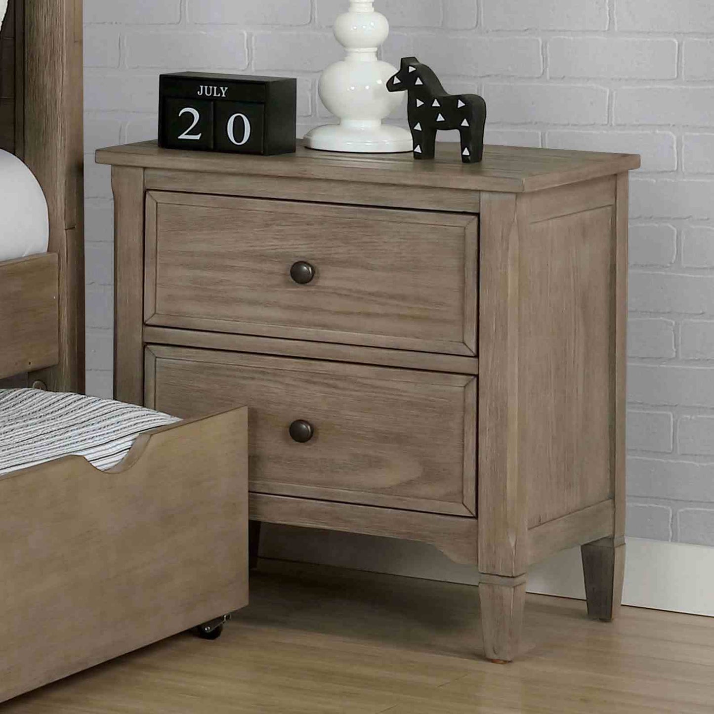 Transitional Twin Size Bed w Trundle 2x Nightstands Warm Gray Bedroom Furniture Wood Grain Texture 3pc Set