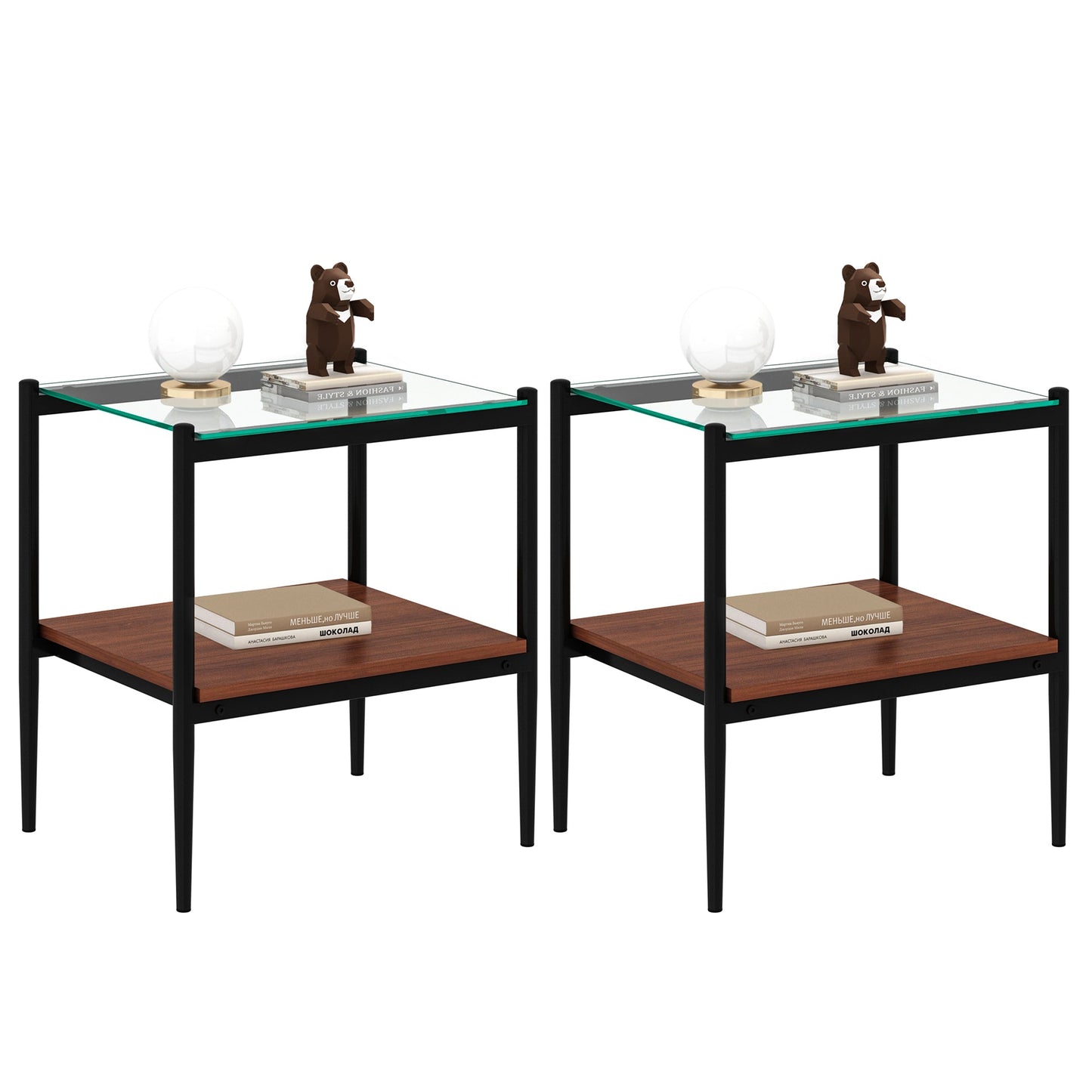 Set of 2 Rectangle End Table with Tempered Glass Top