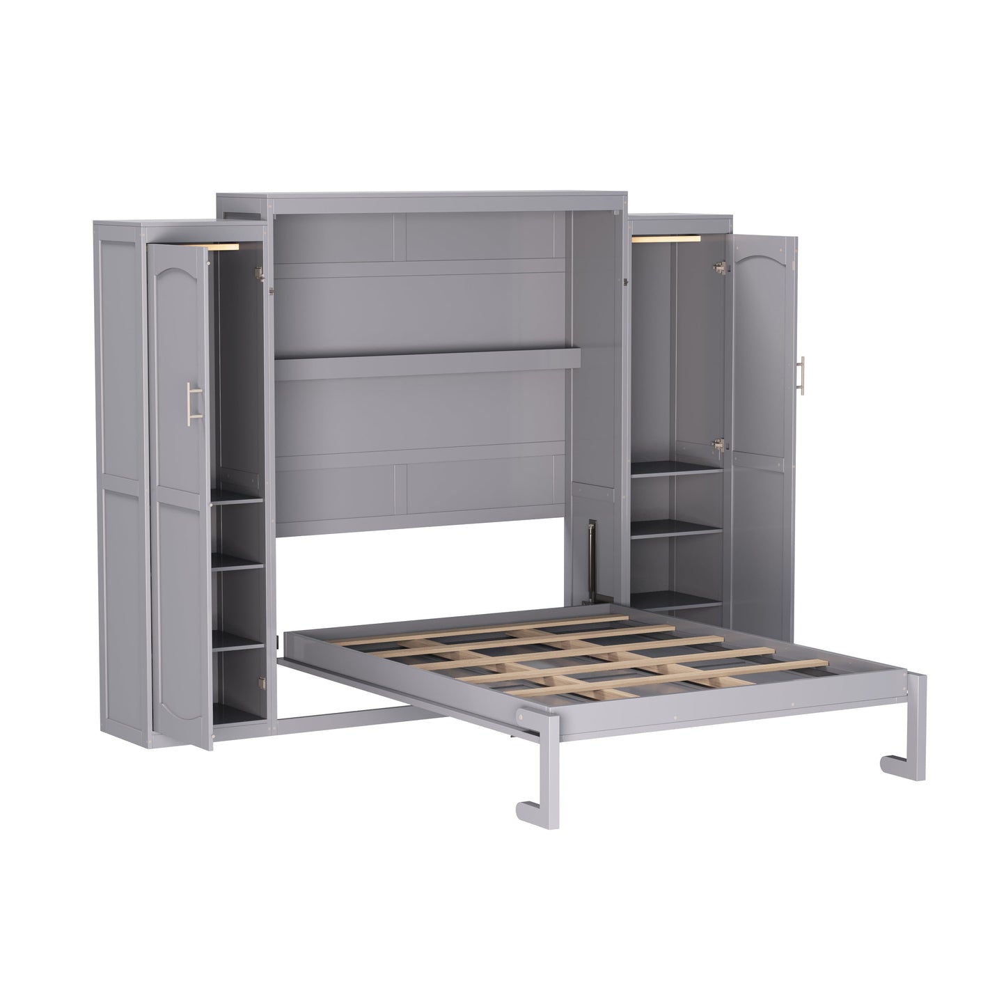 Full Size Murphy Bed, Wooden Full Wall Bed with 2 Wardrobe and Storage Shelf, Multifunctional Foldable Platform Bedframe for Guest-Room, Bedroom, Gray