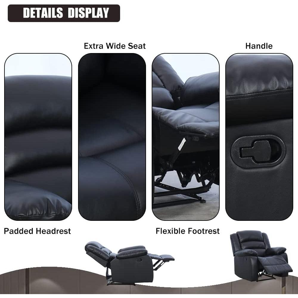 Black Bonded Leather Recliner With Overstuffed Arm And Back
