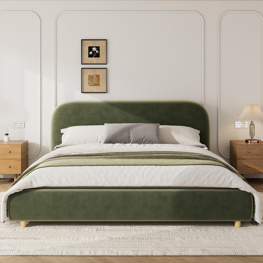 King Size Olive Green Boucle Upholstered Platform Bed