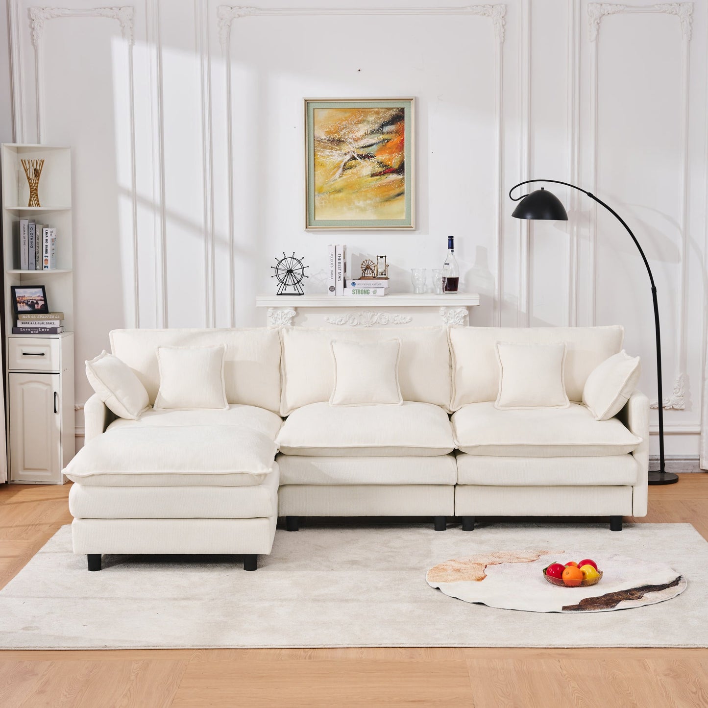 Chenille Modular Three-Seater Sofa with Movable Footstool