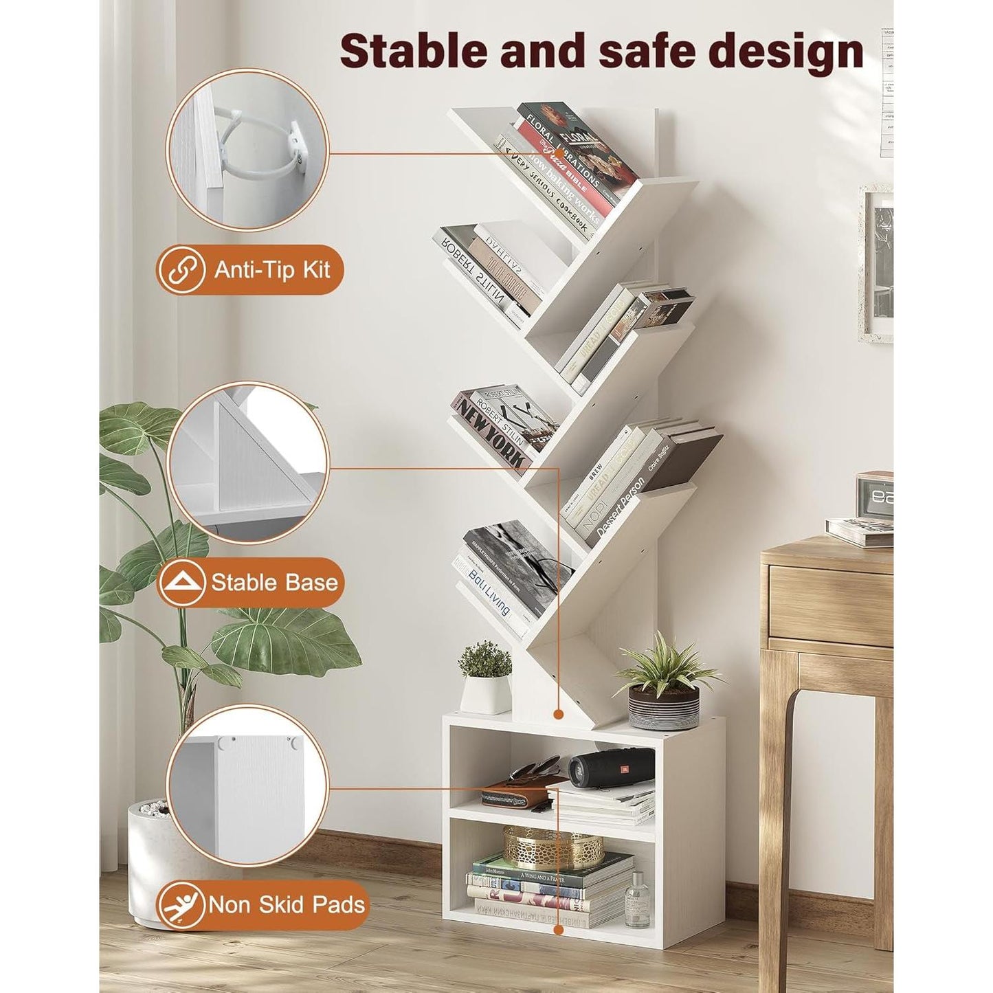 6 Tier Tree Bookshelf Tall Bookcase With Storage Cabinet White