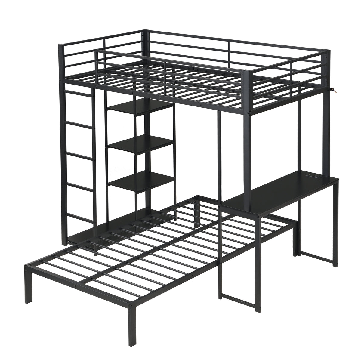 Metal Loft Bed Frame with LED Light Strip, Side Storage Shelves & Built-in Desk