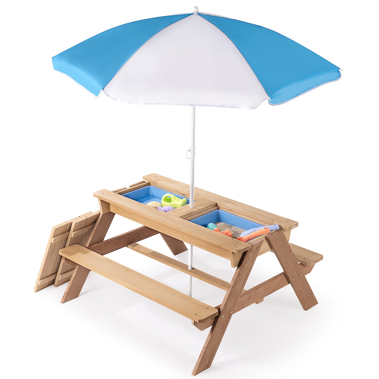 D-road 3-in-1 Kids Outdoor Wooden Picnic Table with Adjustable Umbrella and Convertible Sand & Water Activity, Gray, Solid Cedar Wood