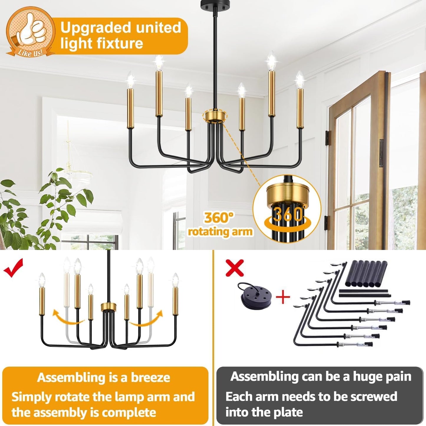 Black And Gold Six Light Farmhouse Chandelier For Dining Room with 360° rotating arms and easy assembly features.