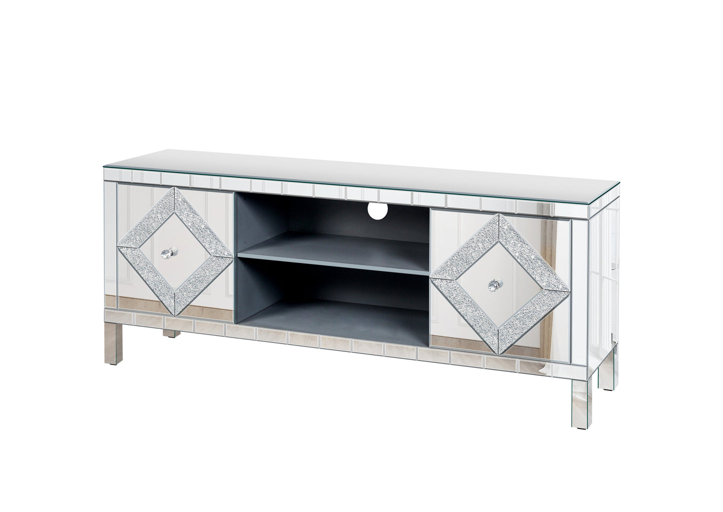 Mirrored TV Stand for 65+ inch TV,Sliver TV Console Table with Open Storage & 2 Storage Cabinets ,Diamond Shape Sparkling Mirror Doors for Living Room(59''W x 25.2''H x 15.7D)
