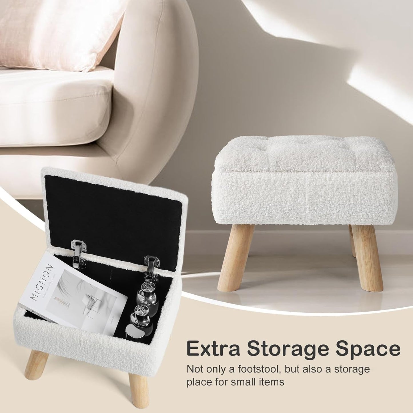 Cream Velvet Storage Ottoman With Extra Cushioning