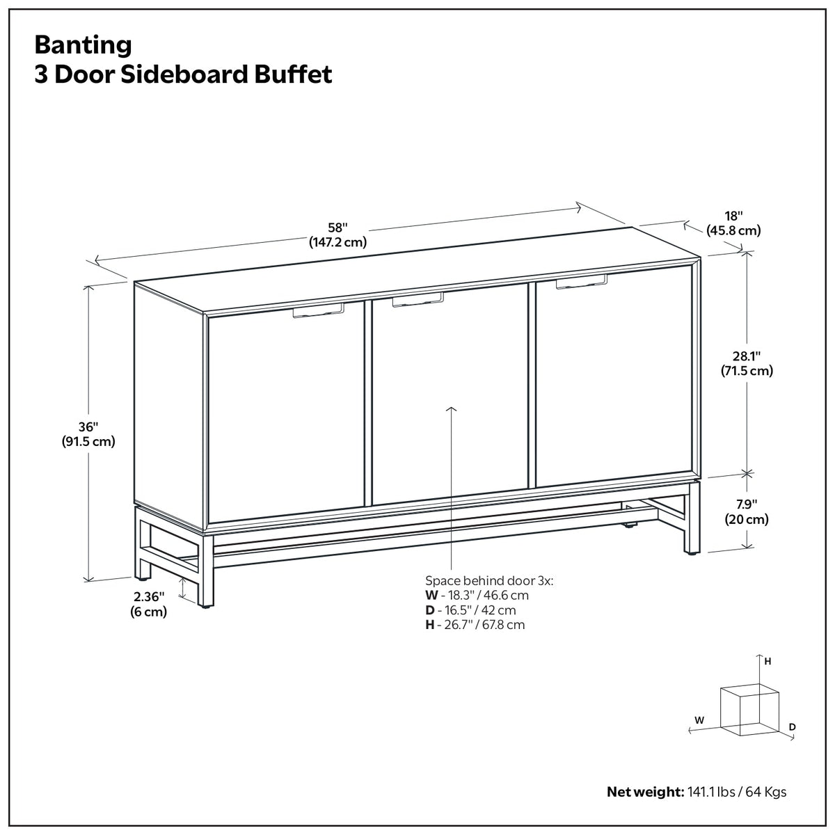 Banting 58 Inch Wide Solid Wood 3 Door Sideboard Buffet