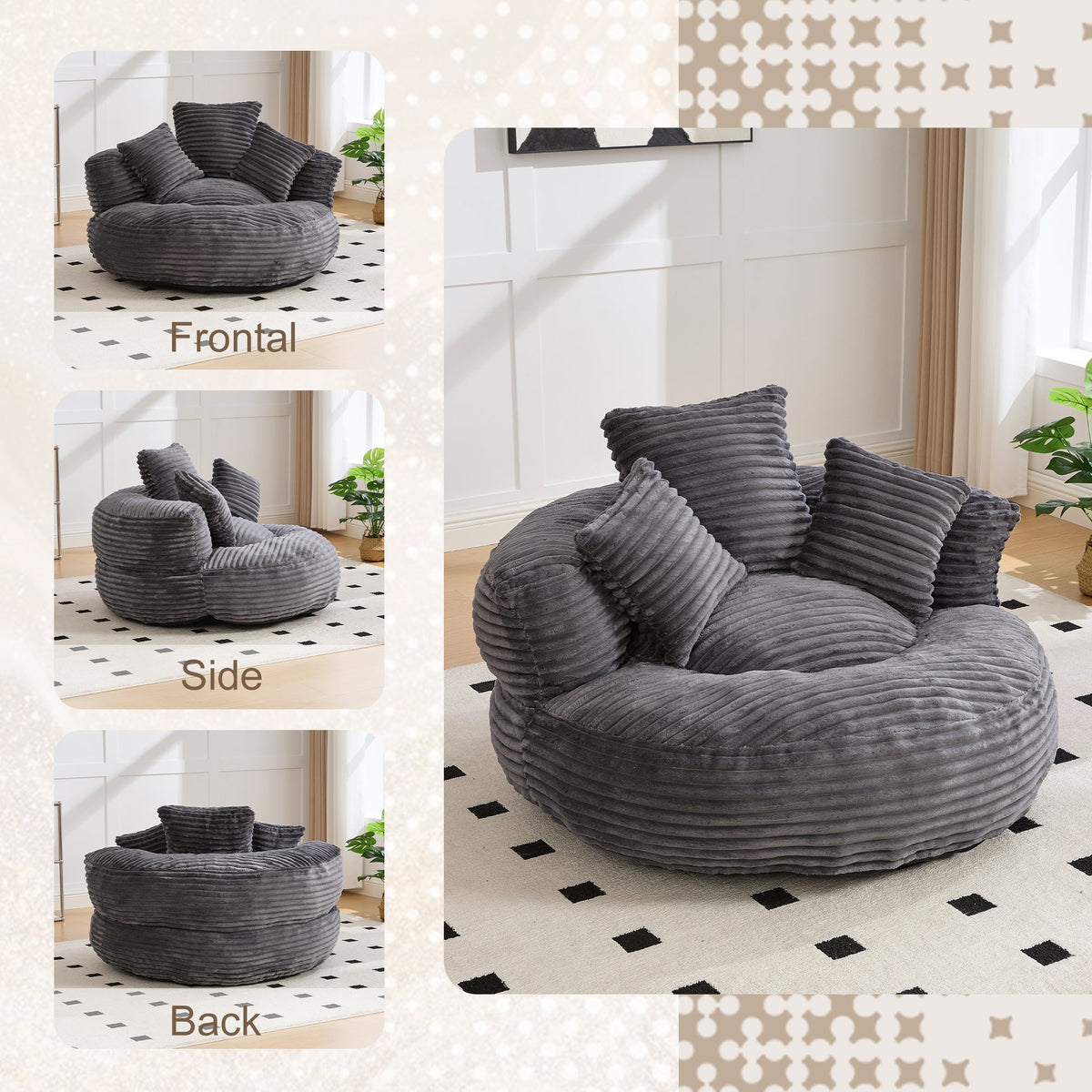 Single Bean Bag Chair with Pillows & Armrest