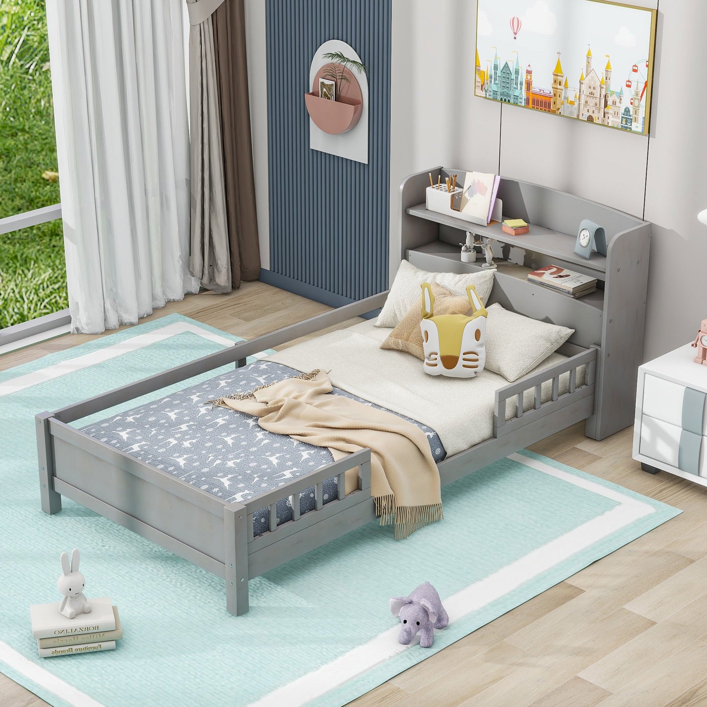 Wood Twin Size Platform Bed with Built-in LED Light, Storage Headboard and Guardrail, Antique
