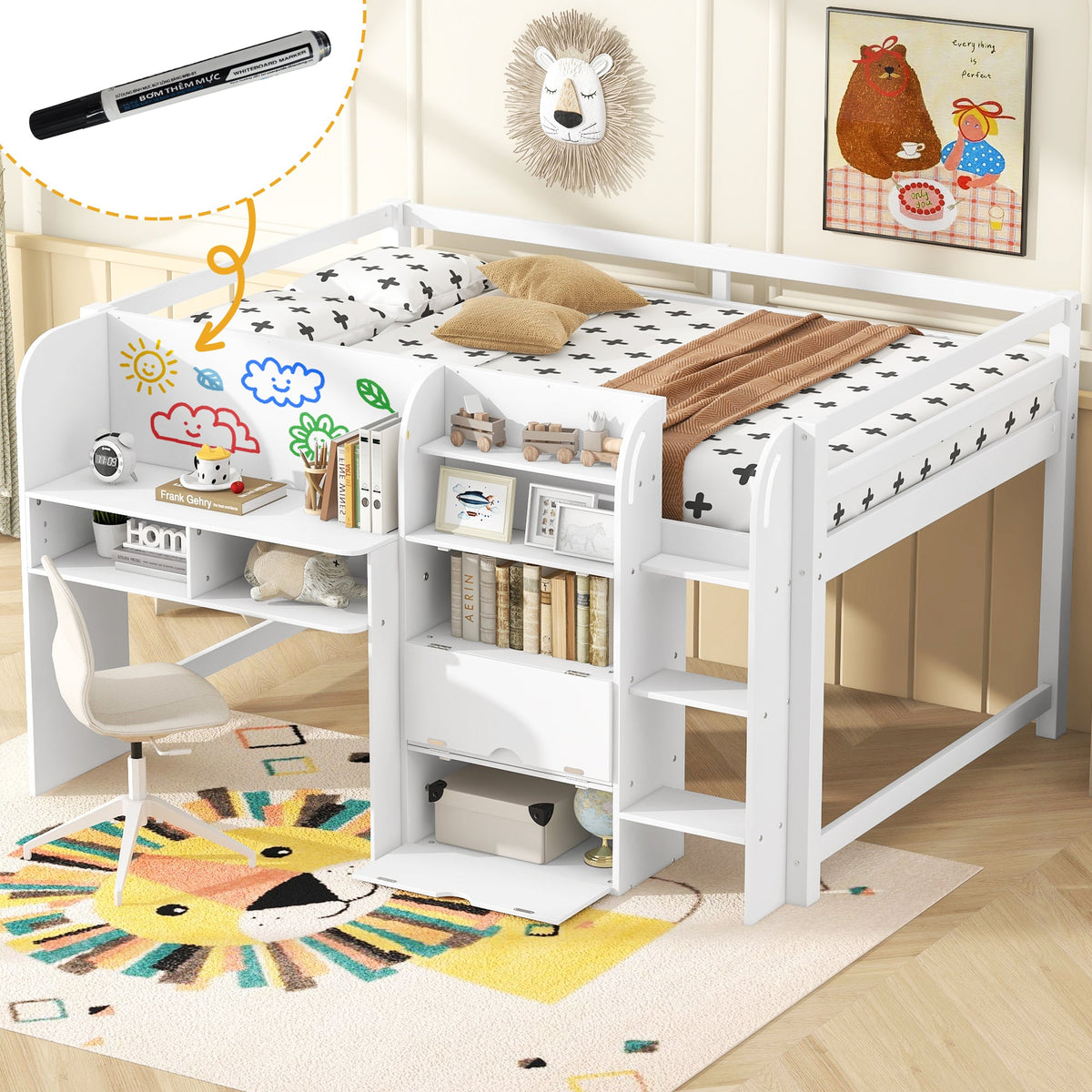 Full Size Low Loft Bed with Built-in Desk, Storage Cabinets and Open Bookcase