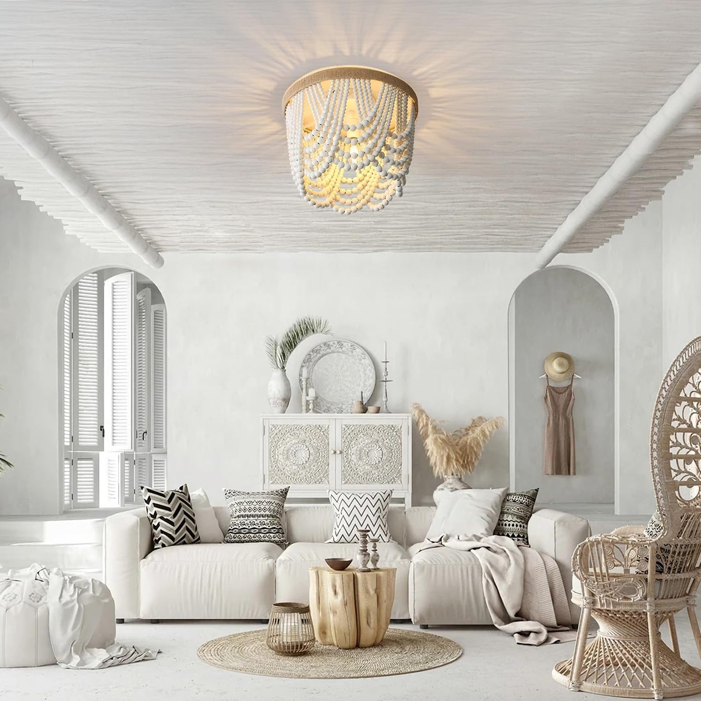 Three Light White Wood Bead Bohemian Chandelier Handmade