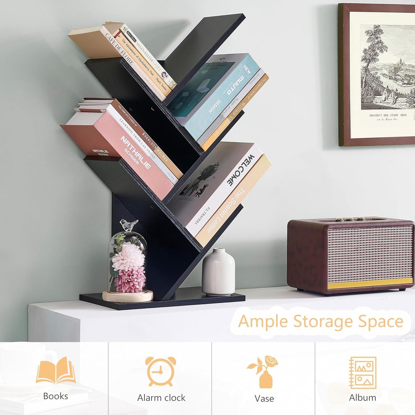 4 Tier Tree Bookshelf Floor Standing Bookcase Home