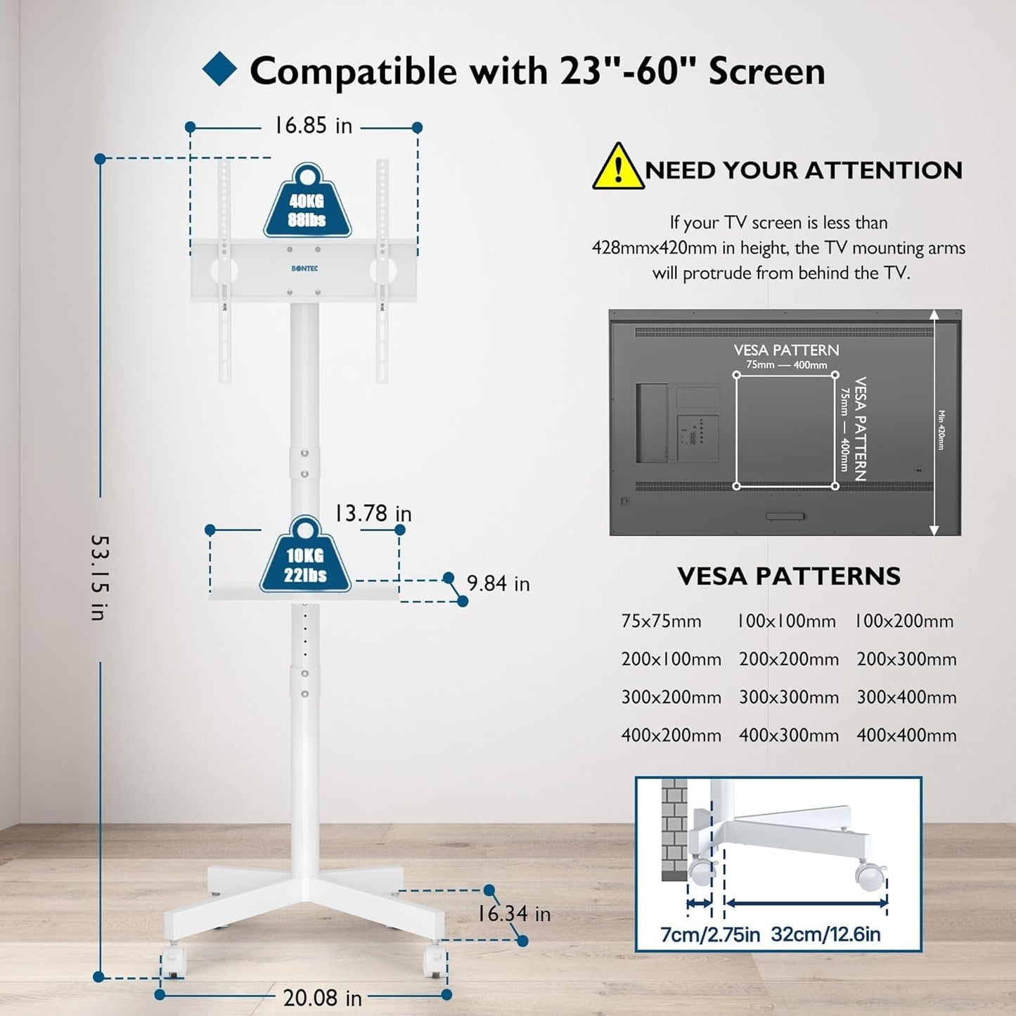 Mobile TV Stand For 23-60 Inch TVs Adjustable Height Locking Wheels White