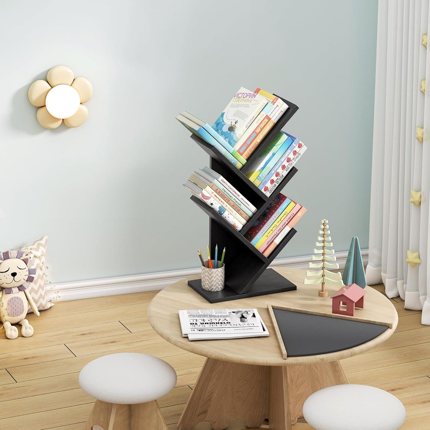 4 Tier Tree Bookshelf Floor Standing Bookcase Home