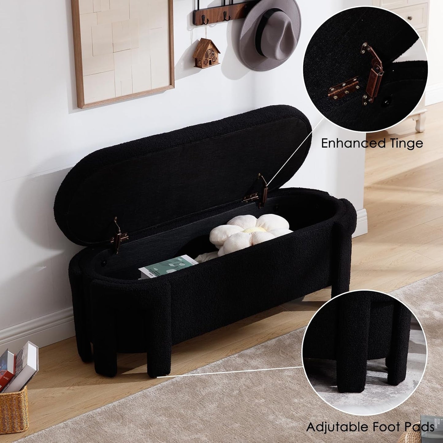 FiftyInch Sherpa Black Upholstered Storage Bench Ottoman