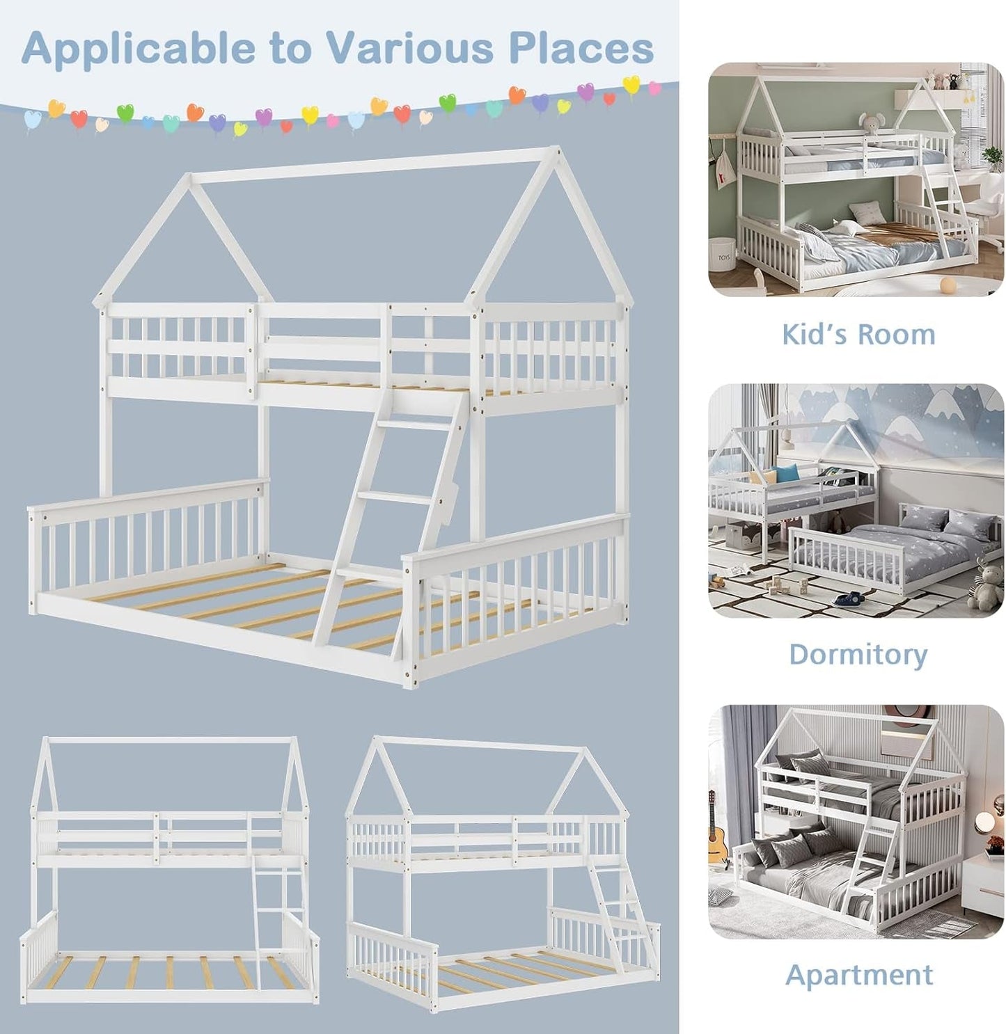 Solid Wood Twin Over Full Bunk Bed White With Guardrails