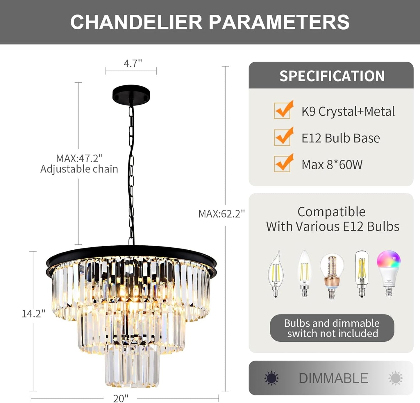 8 Light Black Crystal Chandelier Elegant Dining Fixture