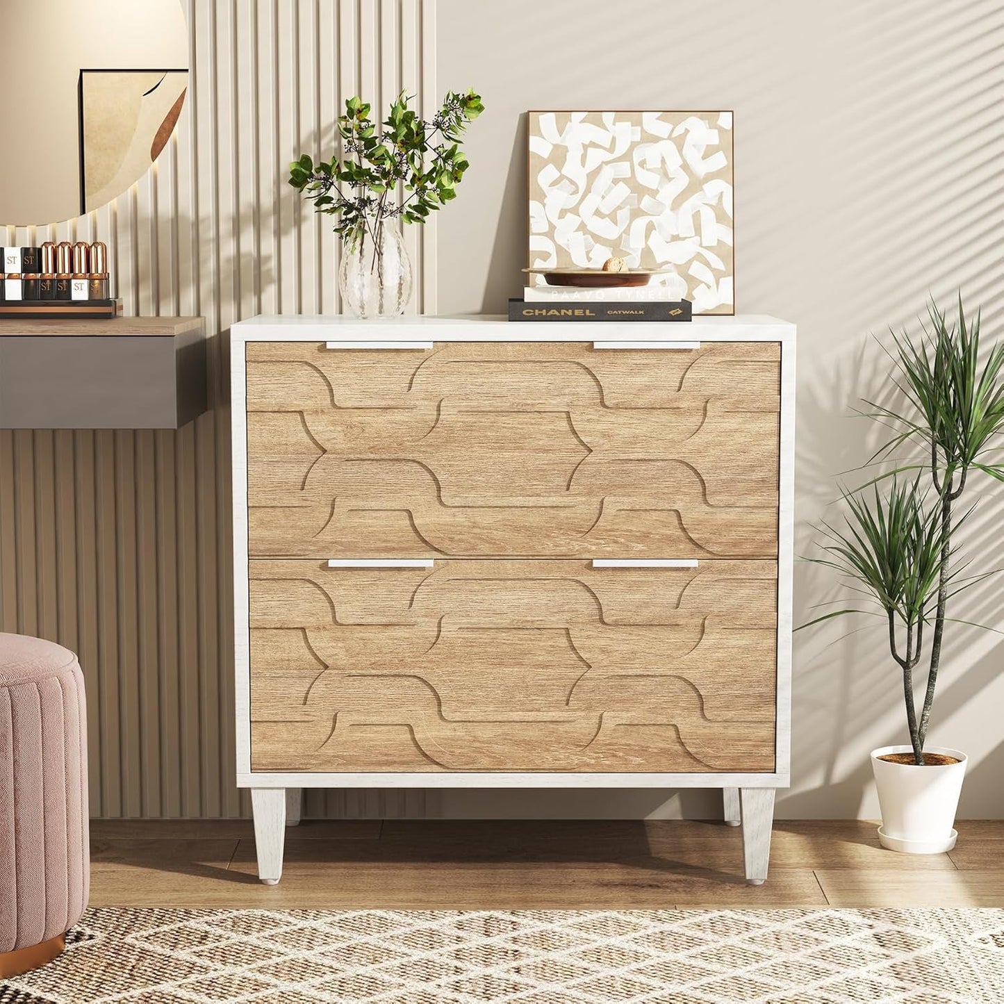 Two Drawer Lateral File Cabinet For A4 Letter And Legal Size Documents White And Walnut Printer Stand