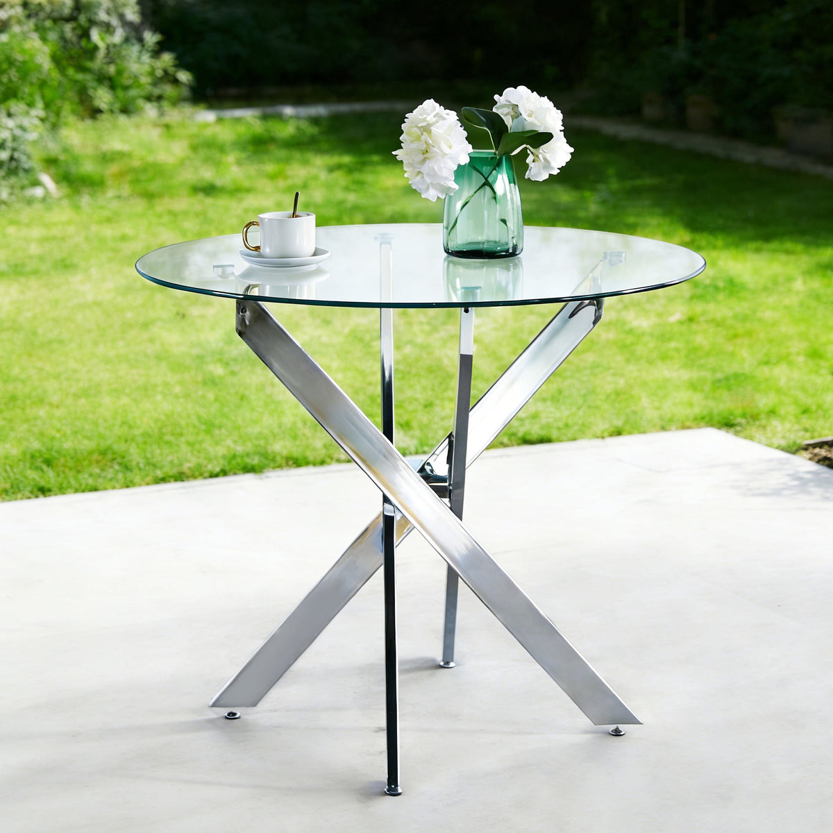 Dining Table with Cross Metal Leg and Tempered Glass