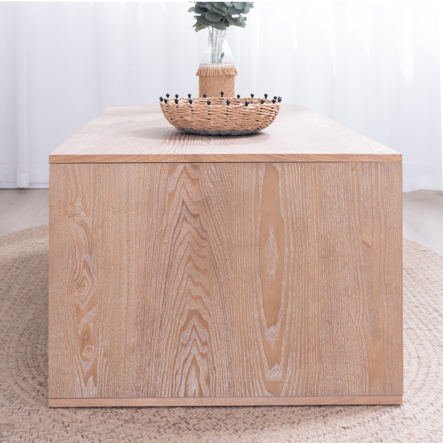 Rustic Beaded Edge Coffee Table – 47.6" Rectangular Center Table with Open Storage Shelf