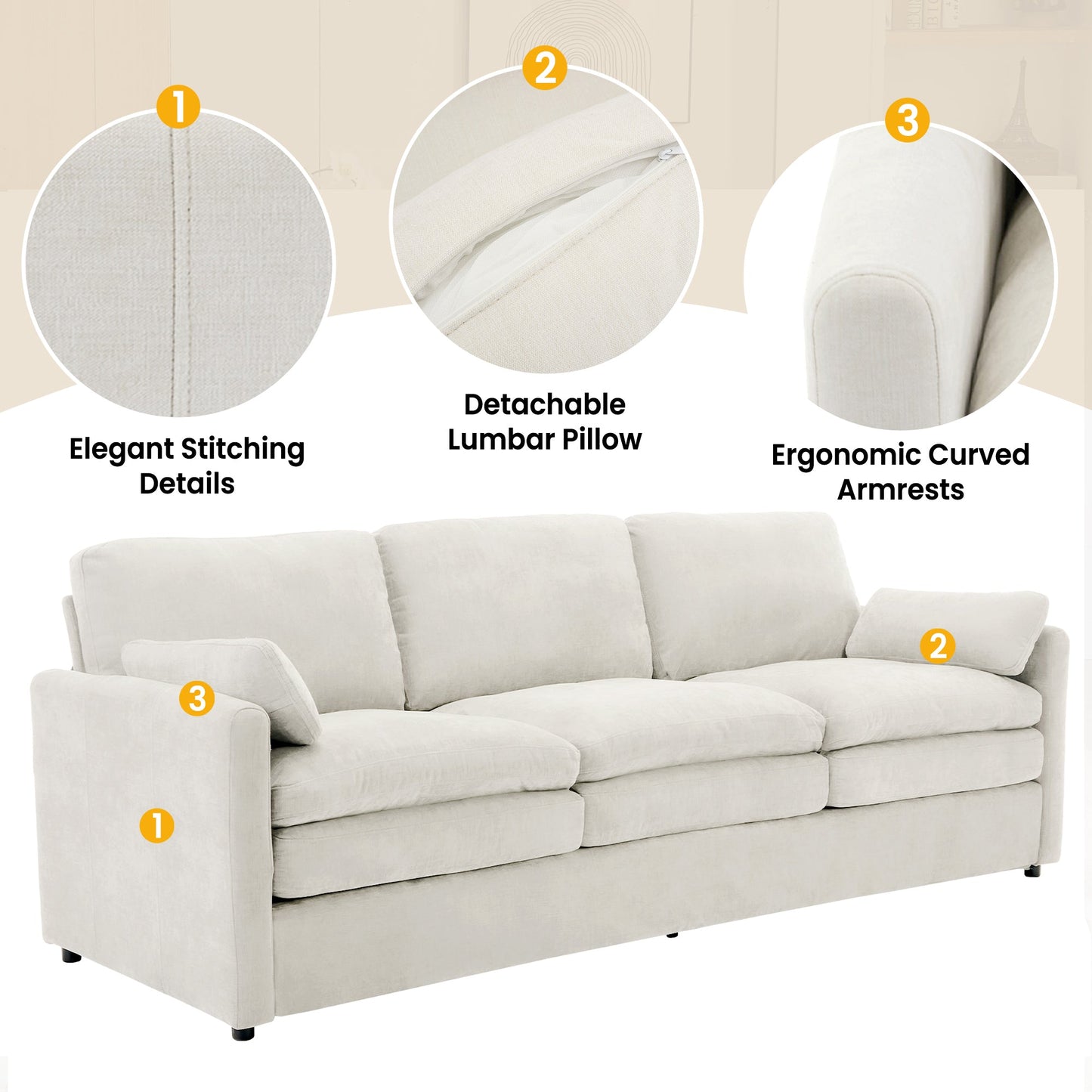 Cozy Upholstered 3-Seater Sofa with Plush Double Cushion and Ergonomic Design