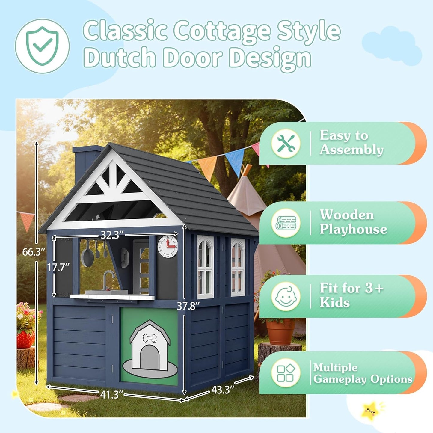 Blue Outdoor Kids Playhouse With Kitchen Doorbell Panel