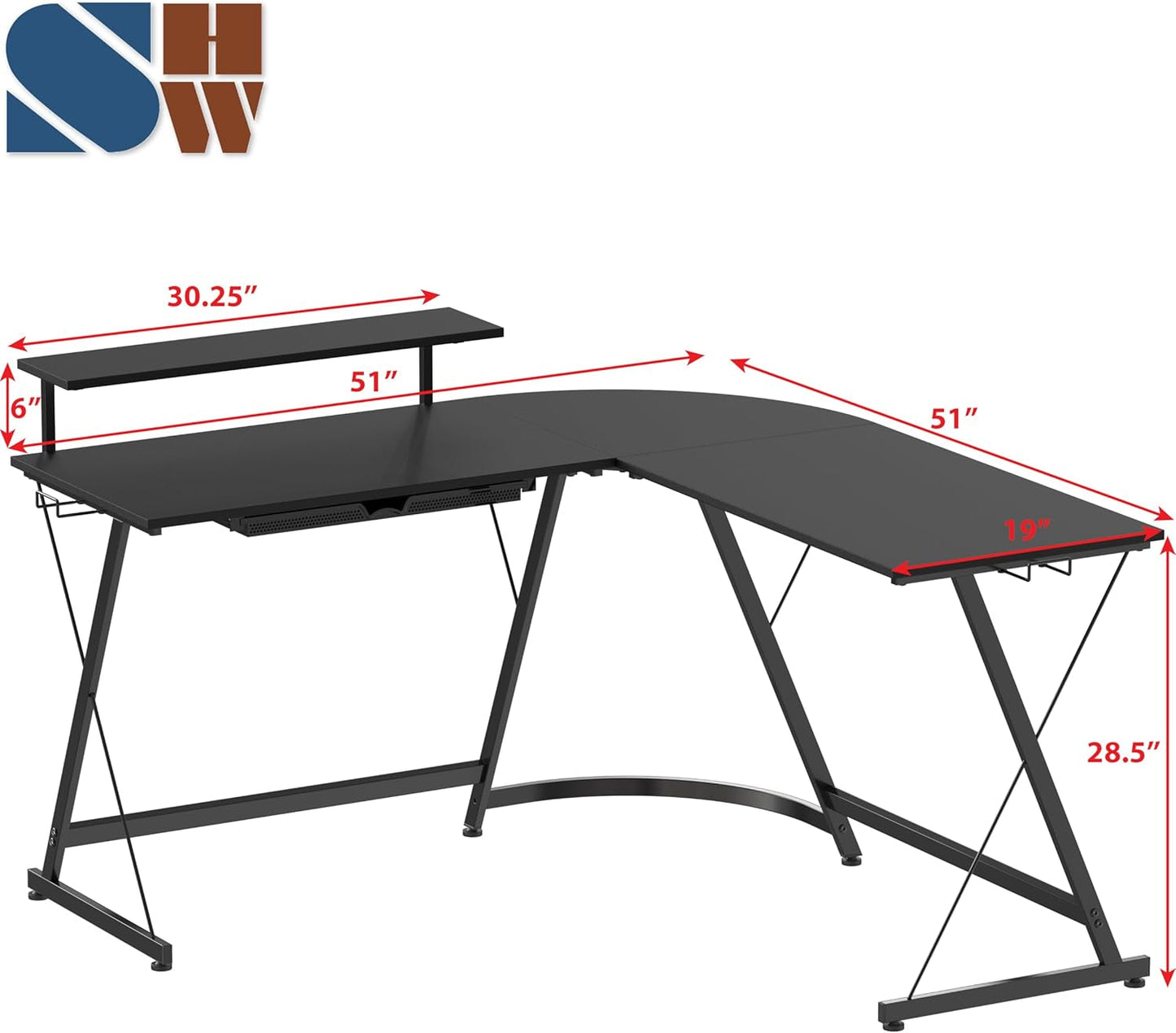 Vista L Shaped Desk With Removable Monitor Shelf In Black