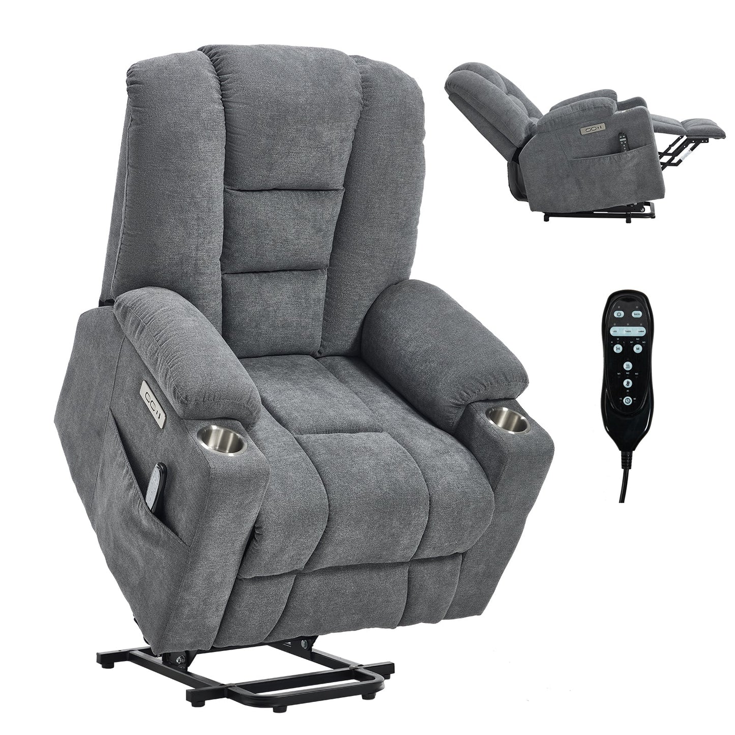 Lift Recliner Chair with Massage and Heat for Elderly, Overstuffed Wide Recliners, Heavy Duty Motion Mechanism with USB and Type C Ports, 2 Steel Cup Holders, Blue Grey