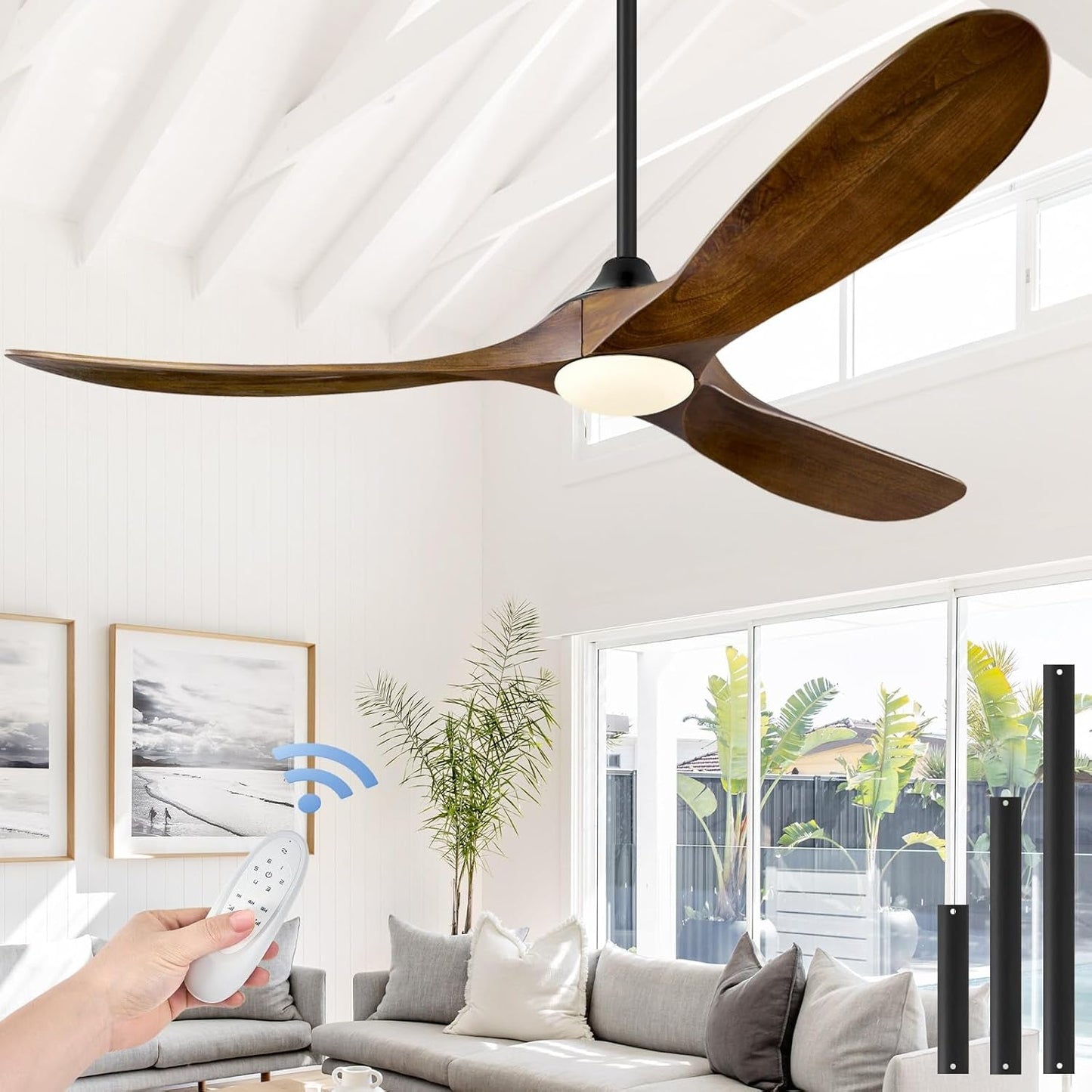 52 Inch Walnut Wood Ceiling Fan With Integrated LED Remote