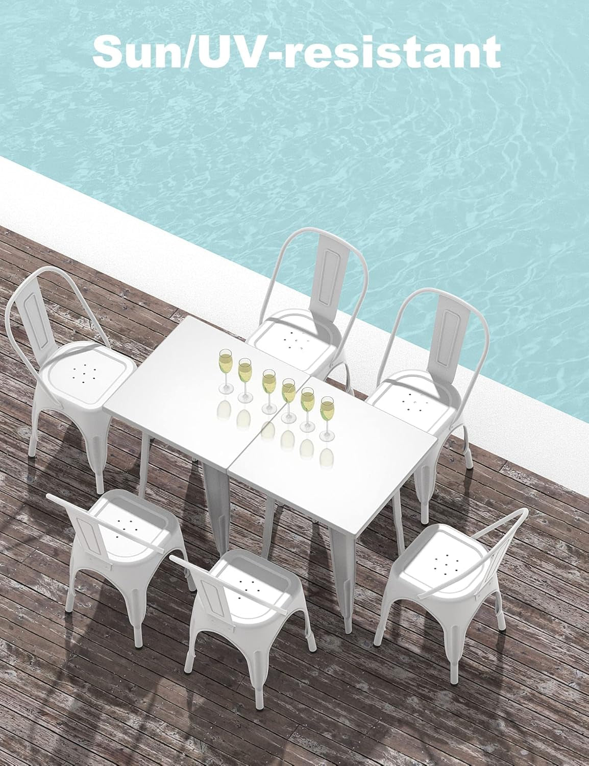 Tolix Style Metal Dining Chair White Stackable Set Of 4 around a sun-resistant table by the pool.