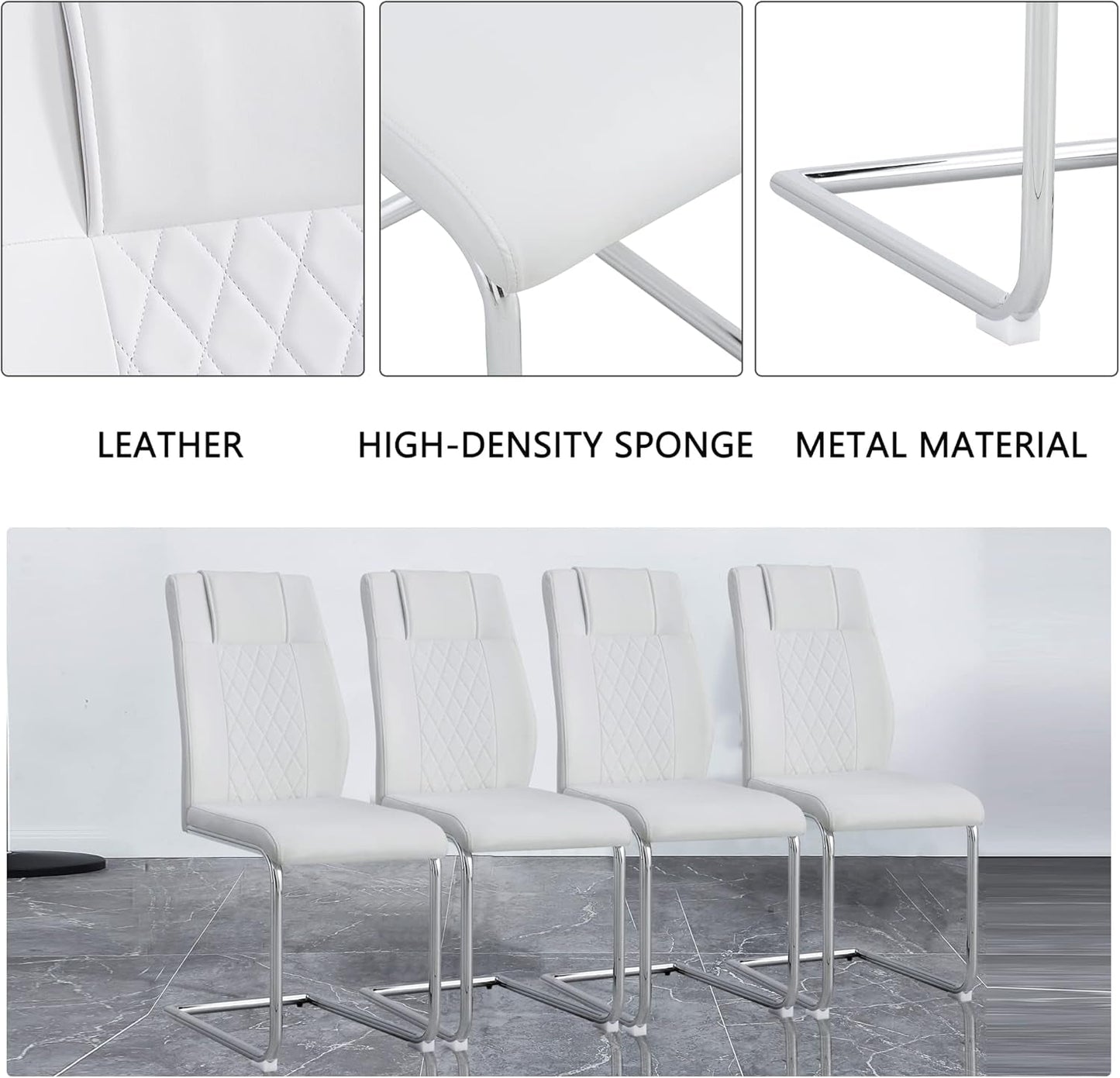 White Faux Leather Dining Chairs Four Pack Chrome Finish