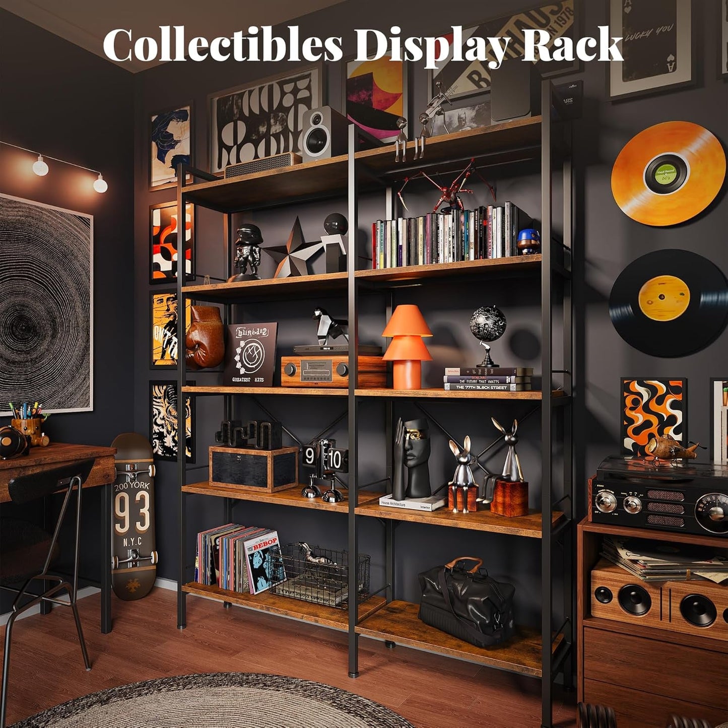 L Shaped Corner Bookshelf 49 Inch Rustic Brown Wood Metal Frame