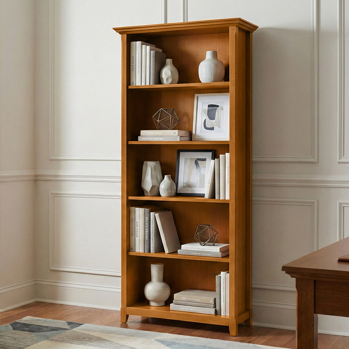 Amherst 30 Inch Solid Wood 5 Shelf Bookcase in Light Golden